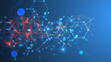 Bilimsel ve teknolojik bir temanın soyut arka planı. Koyu mavi arkaplandaki altıgenlerin bir görüntüsü. Renkli pleksus etkisi. El çizimi vektör.