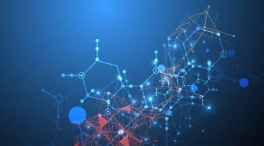 Bilimsel ve teknolojik bir temanın soyut arka planı. Koyu mavi arkaplandaki altıgenlerin bir görüntüsü. Renkli pleksus etkisi. El çizimi vektör.