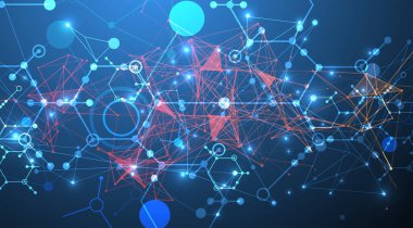 Bilimsel ve teknolojik bir temanın soyut arka planı. Koyu mavi arkaplandaki altıgenlerin bir görüntüsü. Renkli pleksus etkisi. El çizimi vektör.