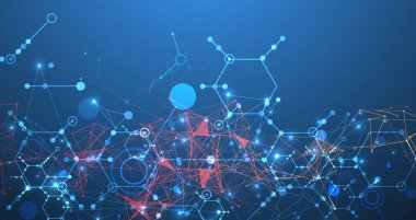 Bilimsel ve teknolojik bir temanın soyut arka planı. Koyu mavi arkaplandaki altıgenlerin bir görüntüsü. Renkli pleksus etkisi. El çizimi vektör.