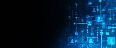 Bir bilgisayar ağının soyut temsili ve kullanıcıları kare şeklinde insan simgeleri şeklinde. Vektör çizimi. El çizimi.