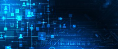 Bir bilgisayar ağının soyut temsili ve kullanıcıları kare şeklinde insan simgeleri şeklinde. Vektör çizimi. El çizimi.