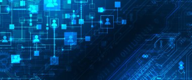 Bir bilgisayar ağının soyut temsili ve kullanıcıları kare şeklinde insan simgeleri şeklinde. Vektör çizimi. El çizimi.