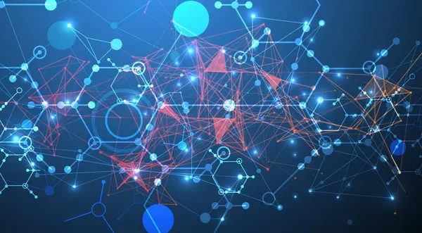 Bilimsel ve teknolojik bir temanın soyut arka planı. Koyu mavi arkaplandaki altıgenlerin bir görüntüsü. Renkli pleksus etkisi. El çizimi vektör.