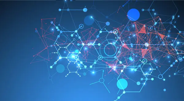 Bilimsel ve teknolojik bir temanın soyut arka planı. Koyu mavi arkaplandaki altıgenlerin bir görüntüsü. Renkli pleksus etkisi. El çizimi vektör.