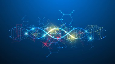 Bilimsel ve teknolojik geçmiş. DNA molekülünün soyut görüntüsü. Vektör çizimi. El çizimi.