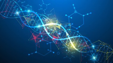 Bilimsel ve teknolojik geçmiş. DNA molekülünün soyut görüntüsü. Vektör çizimi. El çizimi.