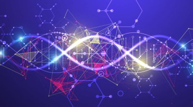 Bilimsel ve teknolojik geçmiş. DNA molekülünün soyut görüntüsü. Vektör çizimi. El çizimi.