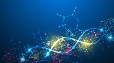 Bilimsel ve teknolojik geçmiş. DNA molekülünün soyut görüntüsü. Vektör çizimi. El çizimi.