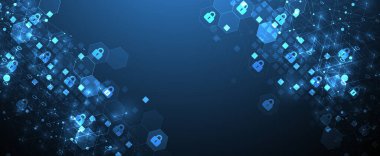 İzometrik süslemeli teknolojik arka plan. Dijital güvenlik, bilgi koruması. Simgeleri altıgenin ortasına kilitle.