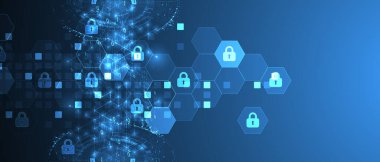 İzometrik süslemeli teknolojik arka plan. Dijital güvenlik, bilgi koruması. Simgeleri altıgenin ortasına kilitle.