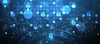 İzometrik süslemeli teknolojik arka plan. Dijital güvenlik, bilgi koruması. Simgeleri altıgenin ortasına kilitle.