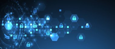 İzometrik süslemeli teknolojik arka plan. Dijital güvenlik, bilgi koruması. Simgeleri altıgenin ortasına kilitle.