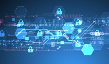 Dijital arkaplanı koru. Sanal gizli, programlama koruması. El çizimi vektör.