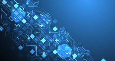 Soyut devre kartı ve gradyan renk arkaplanındaki altıgenler. Yüksek teknoloji dijital teknoloji kavramı.