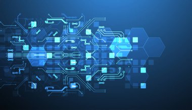 Soyut devre kartı ve gradyan renk arkaplanındaki altıgenler. Yüksek teknoloji dijital teknoloji kavramı.