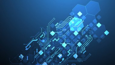 Soyut devre kartı ve gradyan renk arkaplanındaki altıgenler. Yüksek teknoloji dijital teknoloji kavramı.