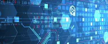 Soyut devre kartı ve gradyan renk arkaplanındaki altıgenler. Yüksek teknoloji dijital teknoloji kavramı.