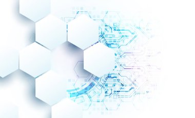 Soyut devre kartı ve gradyan renk arkaplanındaki altıgenler. Yüksek teknoloji dijital teknoloji konsepti. Vektör