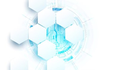 Soyut devre kartı ve gradyan renk arkaplanındaki altıgenler. Yüksek teknoloji dijital teknoloji konsepti. Vektör