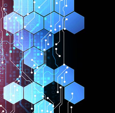 Soyut devre kartı ve gradyan renk arkaplanındaki altıgenler. Yüksek teknoloji dijital teknoloji konsepti. Vektör