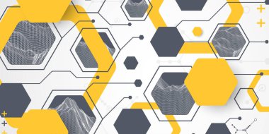 Modern bilim ya da teknolojinin soyut arka planı altıgen şekiller kullanıyor. Kablo çerçeve yüzey çizimi. Vektör.