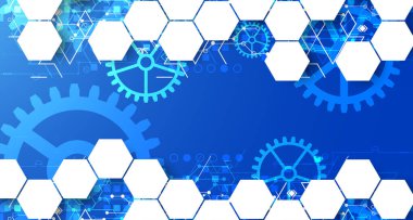 Mavi gradyan arka planda altıgenli dişli tekerlek teknolojisi deseni. El çizimi vektör.