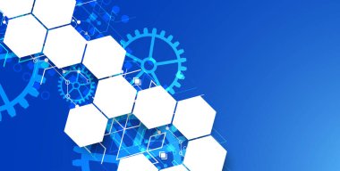 Mavi gradyan arka planda altıgenli dişli tekerlek teknolojisi deseni. El çizimi vektör.