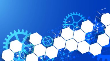 Mavi gradyan arka planda altıgenli dişli tekerlek teknolojisi deseni. El çizimi vektör.