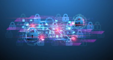 Dijital arkaplanı koru. Sanal gizli, programlama koruması. El çizimi vektör.