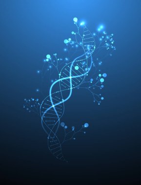 DNA molekülü ve ağaç dallarının soyut görüntüsüne sahip bilimsel tıbbi altyapı. Neon ışık efektleri ve eğim. El çizimi vektör illüstrasyonu.