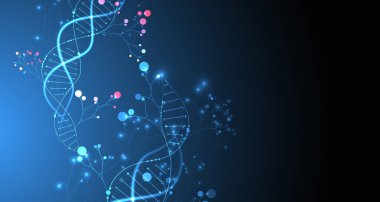 DNA molekülü ve ağaç dallarının soyut görüntüsüne sahip bilimsel tıbbi altyapı. Neon ışık efektleri ve eğim. El çizimi vektör illüstrasyonu.