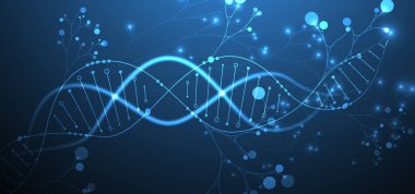 DNA molekülü ve ağaç dallarının soyut görüntüsüne sahip bilimsel tıbbi altyapı. Neon ışık efektleri ve eğim. El çizimi vektör illüstrasyonu.