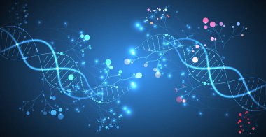 DNA molekülü ve ağaç dallarının soyut görüntüsüne sahip bilimsel tıbbi altyapı. Neon ışık efektleri ve eğim. El çizimi vektör illüstrasyonu.