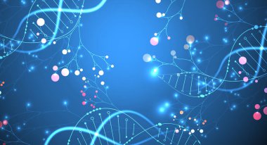 DNA molekülü ve ağaç dallarının soyut görüntüsüne sahip bilimsel tıbbi altyapı. Neon ışık efektleri ve eğim. El çizimi vektör illüstrasyonu.