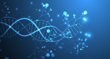 DNA molekülü ve ağaç dallarının soyut görüntüsüne sahip bilimsel tıbbi altyapı. Neon ışık efektleri ve eğim. El çizimi vektör illüstrasyonu.
