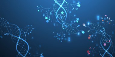 DNA molekülü ve ağaç dallarının soyut görüntüsüne sahip bilimsel tıbbi altyapı. Neon ışık efektleri ve eğim. El çizimi vektör illüstrasyonu.