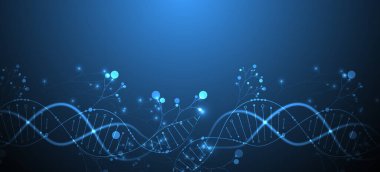 DNA molekülü ve ağaç dallarının soyut görüntüsüne sahip bilimsel tıbbi altyapı. Neon ışık efektleri ve eğim. El çizimi vektör illüstrasyonu.