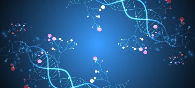 DNA molekülü ve ağaç dallarının soyut görüntüsüne sahip bilimsel tıbbi altyapı. Neon ışık efektleri ve eğim. El çizimi vektör illüstrasyonu.