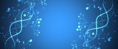 DNA molekülü ve ağaç dallarının soyut görüntüsüne sahip bilimsel tıbbi altyapı. Neon ışık efektleri ve eğim. El çizimi vektör illüstrasyonu.