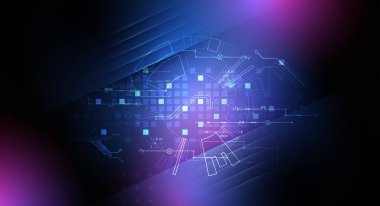 Koyu mavi arka planda neon ışıkları olan soyut teknolojik illüstrasyon. Bu vektör elle çizilmiş.