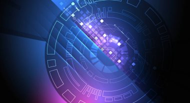 Koyu mavi arka planda neon ışıkları olan soyut teknolojik illüstrasyon. Bu vektör elle çizilmiş.