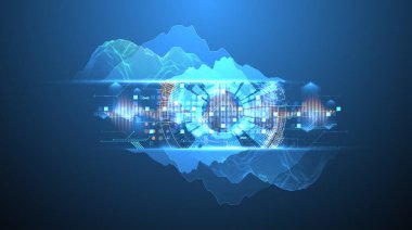 Veri bilimi. Çeşitli teknolojik elementlerin kullanımıyla ilgili bilimsel-teknolojik arka plan. Farklı stillerin kombinasyonu. El çizimi vektör.