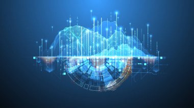 Veri bilimi. Çeşitli teknolojik elementlerin kullanımıyla ilgili bilimsel-teknolojik arka plan. Farklı stillerin kombinasyonu. El çizimi vektör.