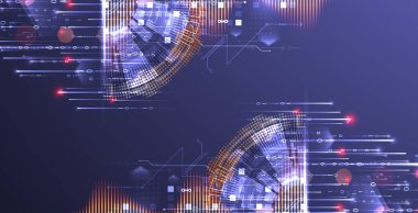 Veri analizi Bilimsel ve teknolojik geçmiş. Çizgilerin ve sayıların ortaya çıktığı iki parçalı bir tekno çember. El yapımı vektör.