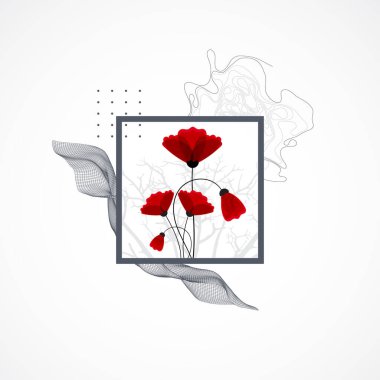 Soyut doğa geçmişi. Çerçevede kırmızı haşhaş çiçekleri. El çizimi vektör.