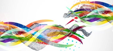 Dalga şeklinde renkli çizgileri olan soyut bir kablo dalgası. Pleksus etkisi. El çizimi vektör.