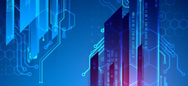 Koyu mavi arka planda neon ışıkları olan soyut teknolojik illüstrasyon. Bu vektör elle çizilmiş.