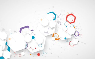 Bilimsel fbstrakt arka plan. Pleksus etkisi olan beyaz altıgenler ve çizgilerle birbirine bağlı daireler. El çizimi vektör.