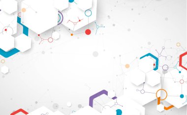 Bilimsel fbstrakt arka plan. Pleksus etkisi olan beyaz altıgenler ve çizgilerle birbirine bağlı daireler. El çizimi vektör.